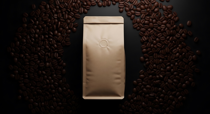  Coffee Bag Surrounded By Coffee Beans On A Dark Background 74379505